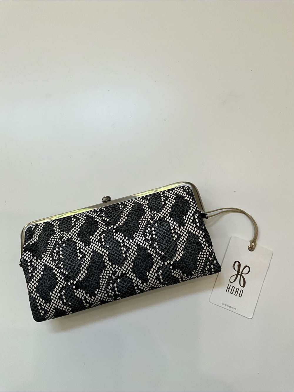 HOBO Lauren Black Snakeskin Print Leather Double Frame Clutch Wallet NWT